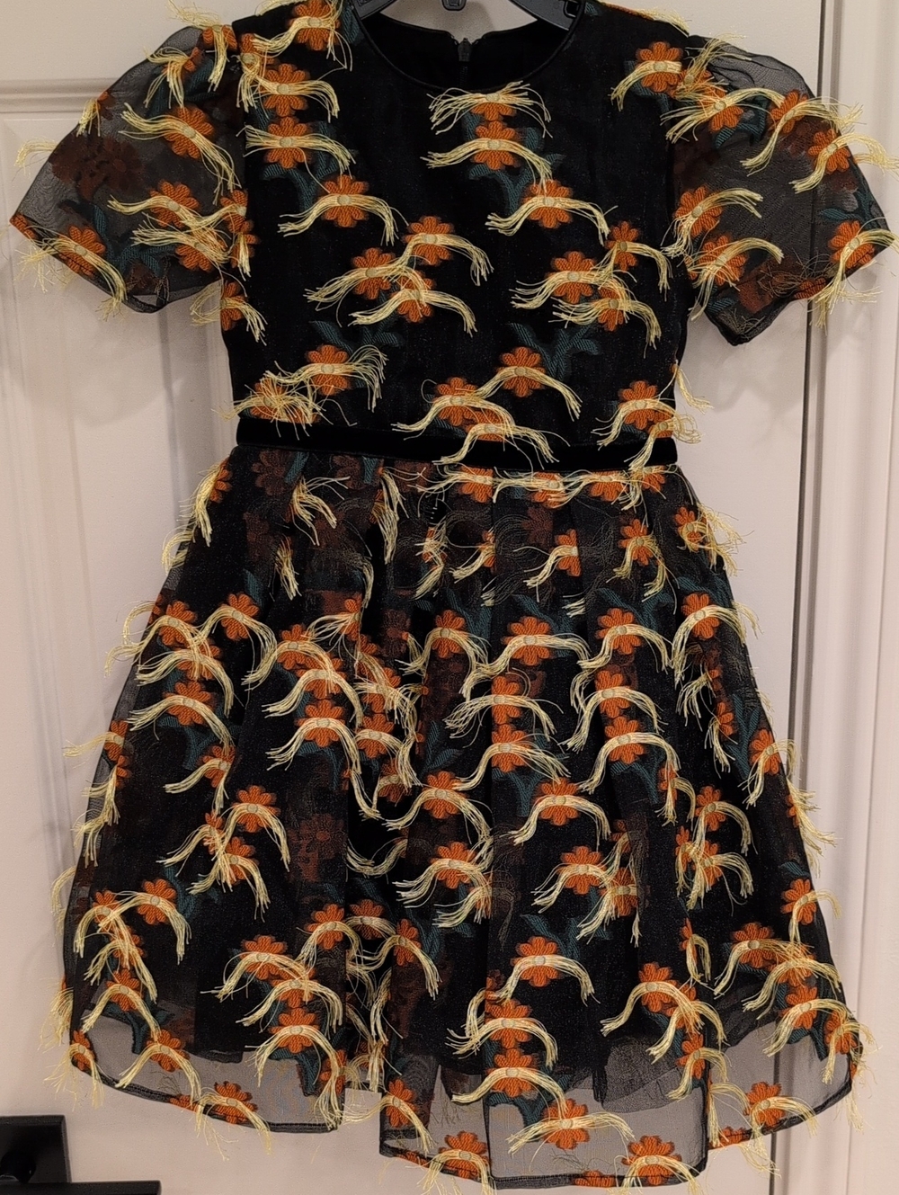 Eirene Girls Embroidered Dress in Black with Gold & Orange Accents Size 6-7